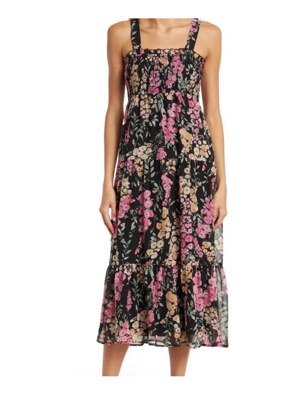 Sam Edelman Floral Print Smocked Bodice Midi Dress 12